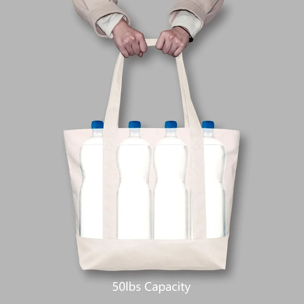 再利用可能な食料品用トートバッグ - 外側ポケット付きキャンバスショッピングバッグ6個パック、上部ジッパー開閉、毎日の必需品に最適