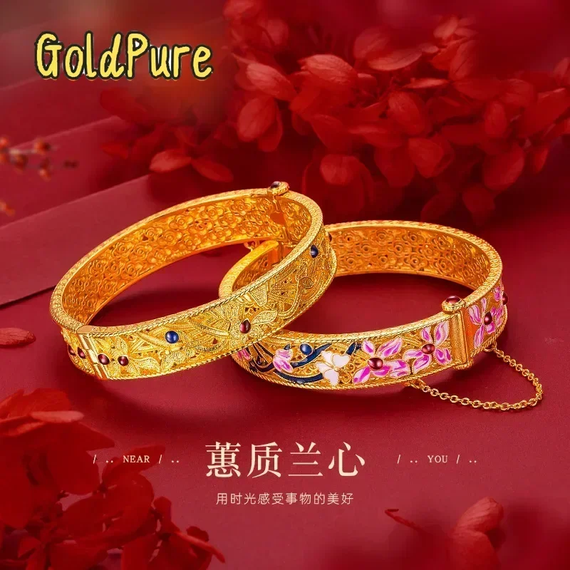

Goldpure 9999 Genuine 24K Gold Orchid Enamel Bracelet, Spacious Size for a Statement