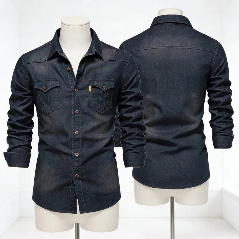 

Elastic Cotton Denim Shirt High Quality Men Long Sleeve Solid Color Pocket Shirts for Men Casual Slim Fit Mens Designer Clothing