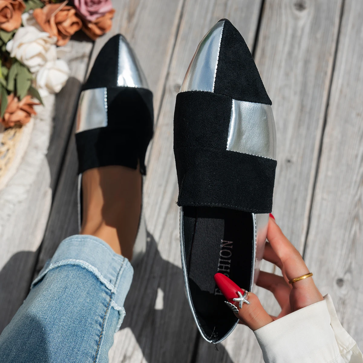 レディースカラーブロックポインテッドトゥローファー：スリッポンカジュアルシューズ、スタイリッシュ通勤通学靴