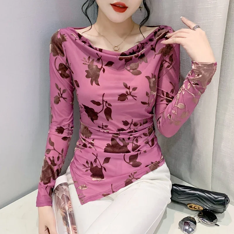 Transparent Mesh T Shirts Women Flower Dobby Mesh Tops Women Slim Body Green Mesh Shirts