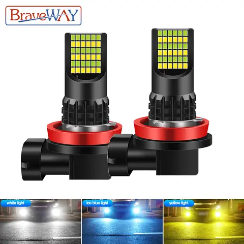 BraveWAY-H11 Led 안개등 H3 H27 9005 HB3 HB4 9006 LED 자동차 전구, 12V 3000K 6000K 화이트 옐로우 그린 레드 아이스 블루