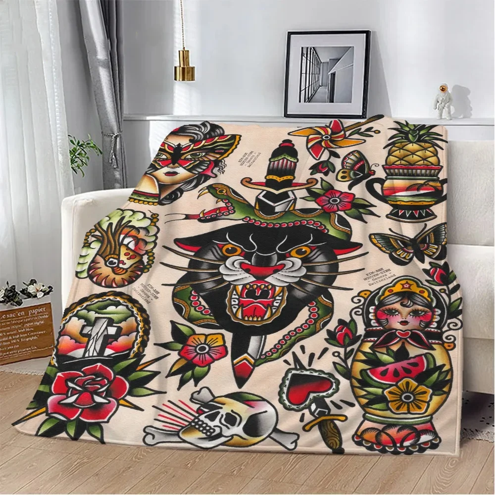 Bed Throw Blanket for Sofa Luxury Bedding New School Tattoo Beach Towel Custom Blankets King Size Knitted Plaid Home Interior