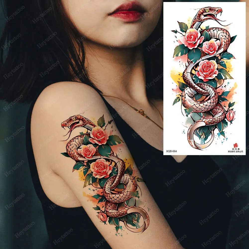 Dispossible Color Flower Tattoo Stickers for Women Men, Floral Snake Design Temporary Tattoos for Hand Arm Chest Body Decoration