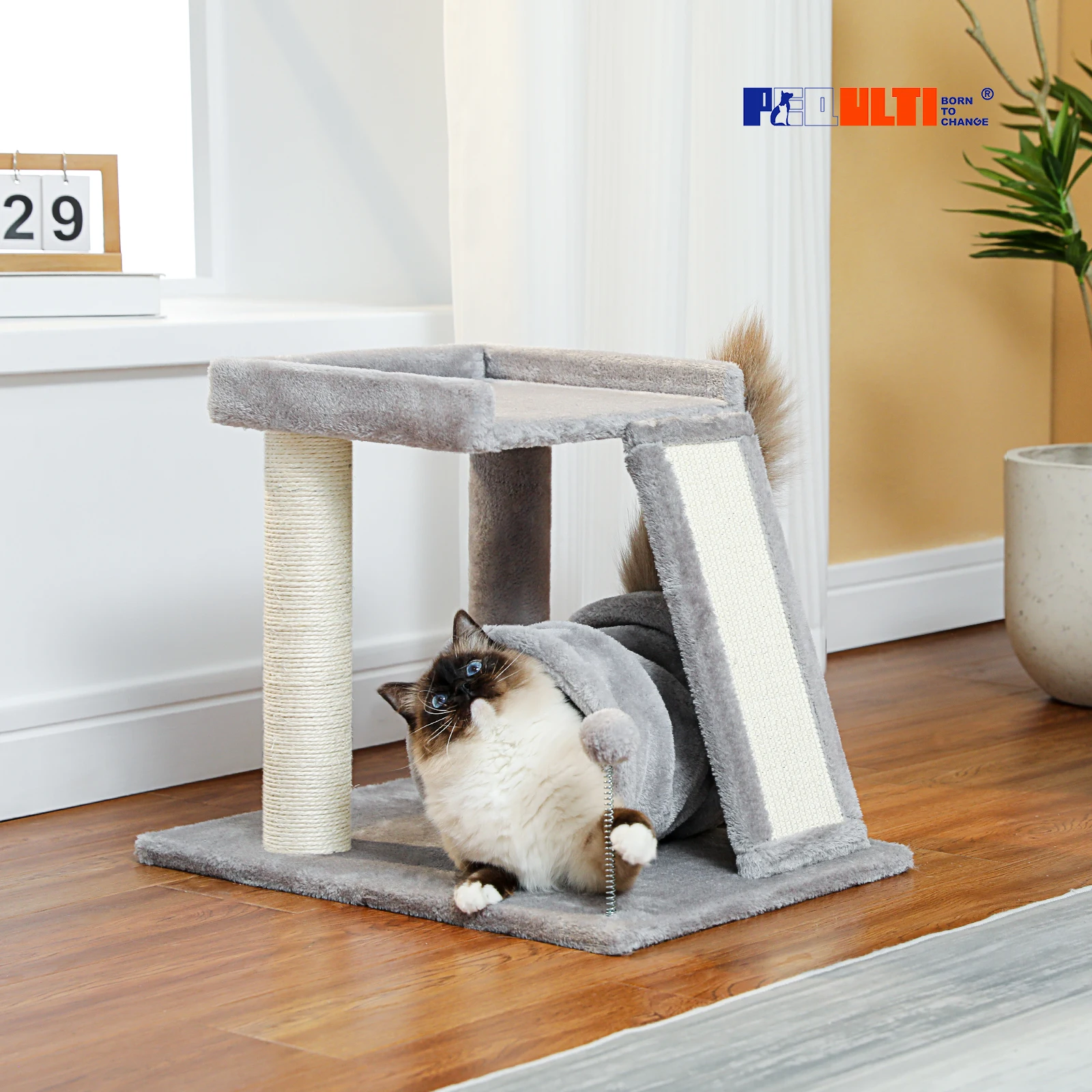 

Cat Tree with Cat Play Tunnel Cat Tower Cat Scratching Post with Large Top Cat Perch and Scratching Board for Indoor Cats Small