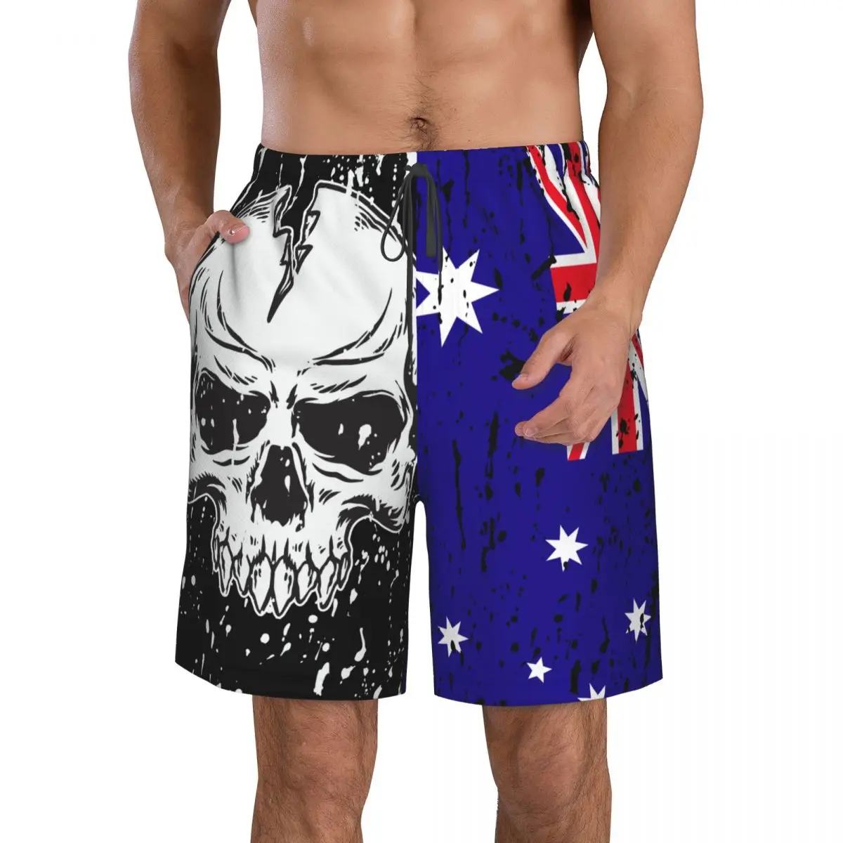 Australia Flag Vintage Skull Men's Novelty Swimtrunks Quick Dry 3D Printed Mesh Lining Beach Board Shorts with Pockets