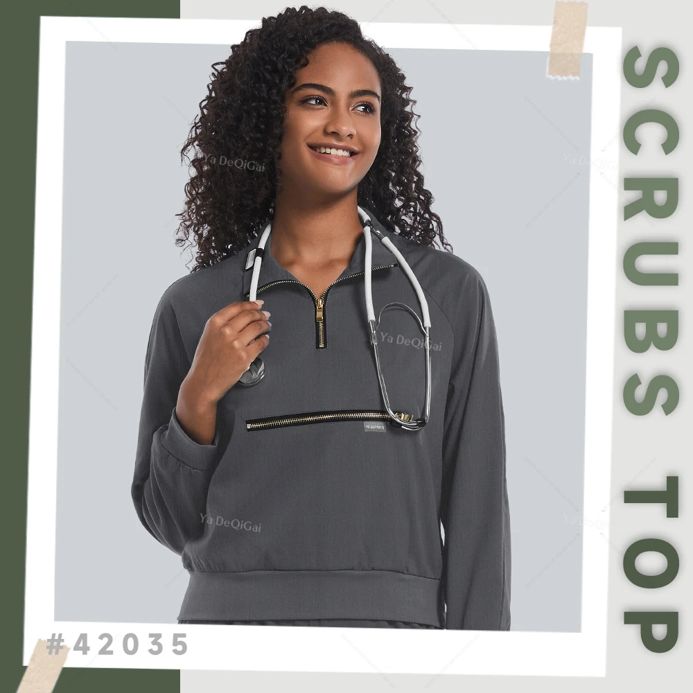 Scrubs Tops Long Sleeve Jogger Jacket Women's Beauty Salon Uniform Personalized Zip Lapel Frosted Coat Pockets Medical Nurse Top