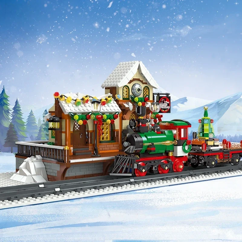 Diy criativo bloco de construção natal o motorizado inverno férias trem modelo montagem decoração crianças trem modelo presentes