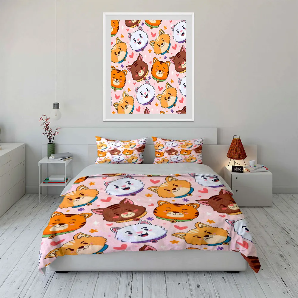 3Pcs Kawaii Mixed Cat Face Heart Duvet Cover Set, Pastel Pink Kids Kitty Bedding Includes 1 Duvet Cover And 2 Pillowcase, Gift view 3