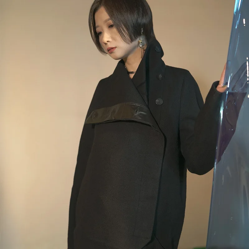 Winter black wool woolen coat asymmetrical collar coat