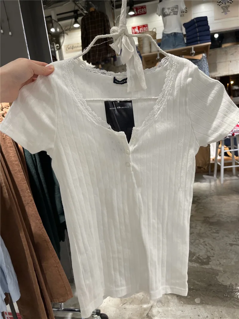 

Женская футболка с коротким рукавом в стиле BM, с кружевной отделкой и пуговицами, корейская версия, прямой крой, летняя, повседневная, из смесового полиэстера и хлопка