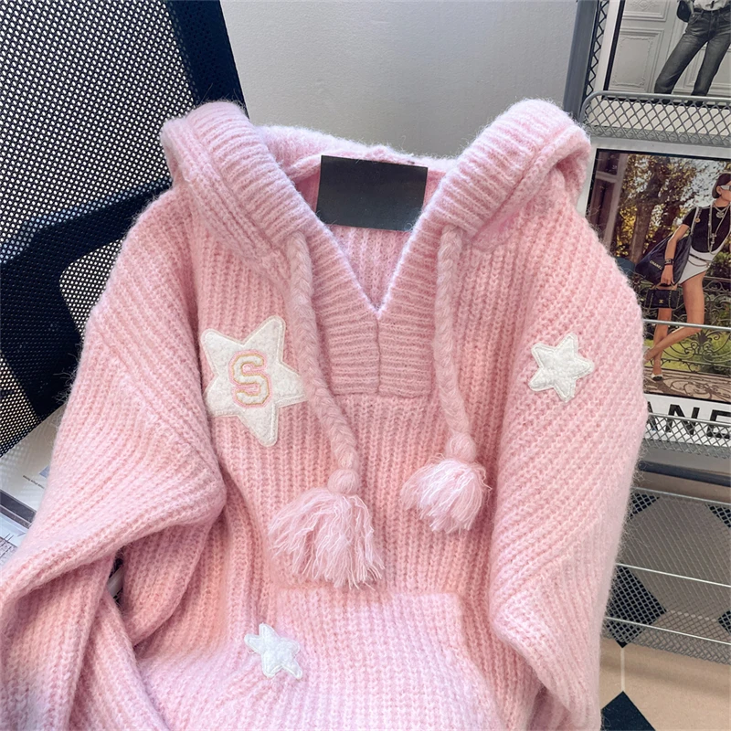 Women Pink Pullover Hooded Knit Sweater Harajuku Aesthetic Y2k Long Sleeves Star Sweaters Elegant Vintage 2000s Fashion Clothes