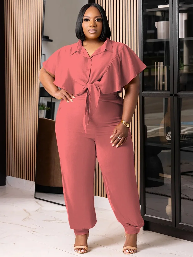 Wmstar Plus Size Women Clothing Two Piece Set Summer Button Up Solid Color Fashion Casual Pants Sets Wholesale Dropshipping 2025