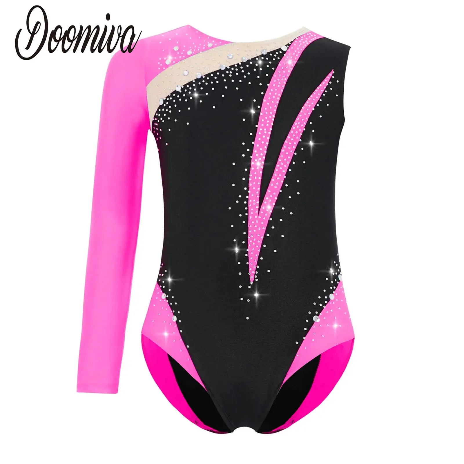 

Kids Girls Ballet Dance Leotard Figure Skating Gymnastics Performance Costume Rhinestones Color Block Asymmetrical Leotards