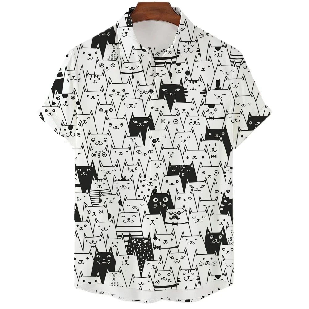 Camisa hawaiana de manga corta para verano, camisa con estampado de gato y animal de dibujos animados, talla grande, novedad de 2023