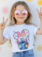 Disney Stitch Kids Summer 100%Cotton T-Shirts Clothing Boys and Girls Casual Comfort Short Sleeve Cartoon Figure Printed Tshirt