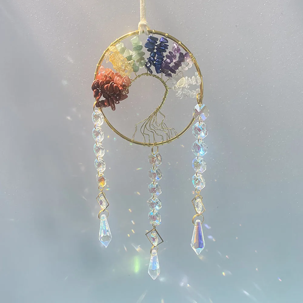 Custom 7 Chakra Tree of Life Crystal Ring Sun Catcher - Prism Beads Hanging Ornament for Home Window Decor