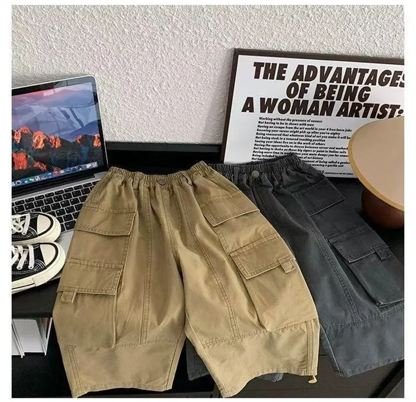 

Boys' Pants Spring and Autumn New Collection Children's Loose Large Pocket Trousers Retro Casual Pants 100-150CM