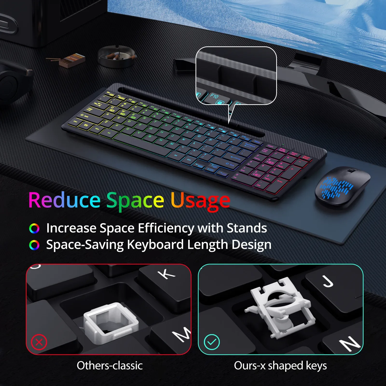 Wireless Keyboard and Mouse, with 15 Backlit Effects, Rechargeable Wireless Keyboard Mouse Combo with Phone/ Tablet Holder, 2.4G