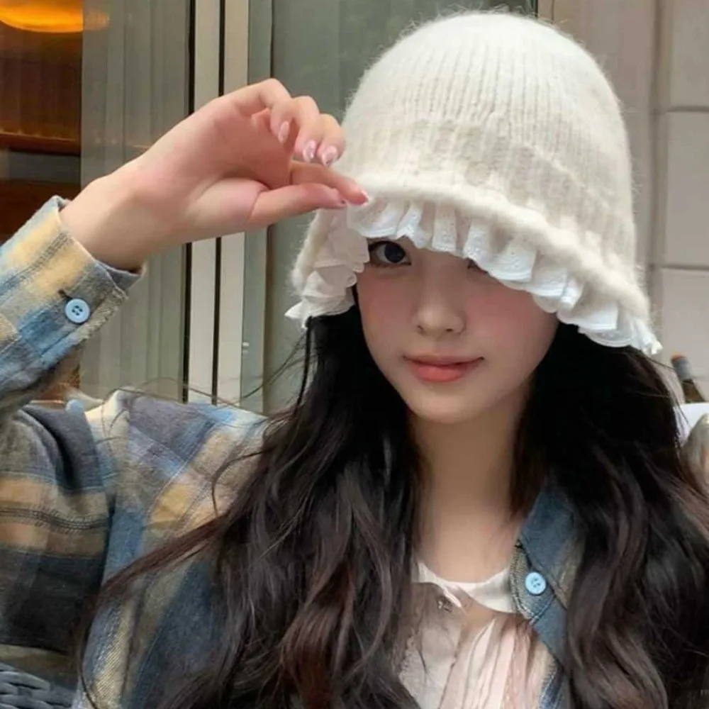 

Sweet Lace Trim Knitted Fisherman Hat Yarn Korean Style Women Bucket Hat Large Head Circumference Solid Color Beanie Hat Outdoor