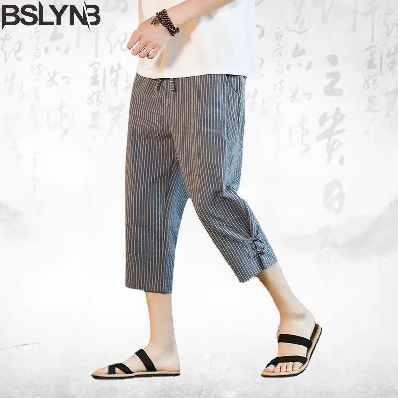 

2023 Summer New Men's Striped Cotton and Linen Korean Style Loose Casual Buckle Cropped Pants Seven Point Straight Trousers