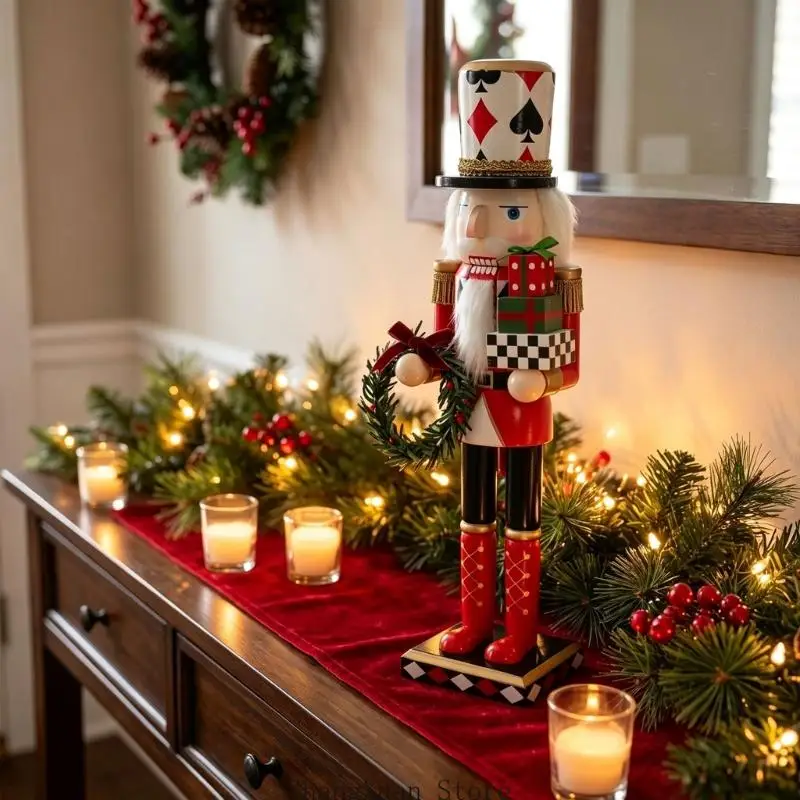Tisch-Weihnachtsdekoration, Nussknacker-Statue mit Spielkartenanzug, bemalte hölzerne Soldatenfigur, flache Basis für 3 x – Detail 2