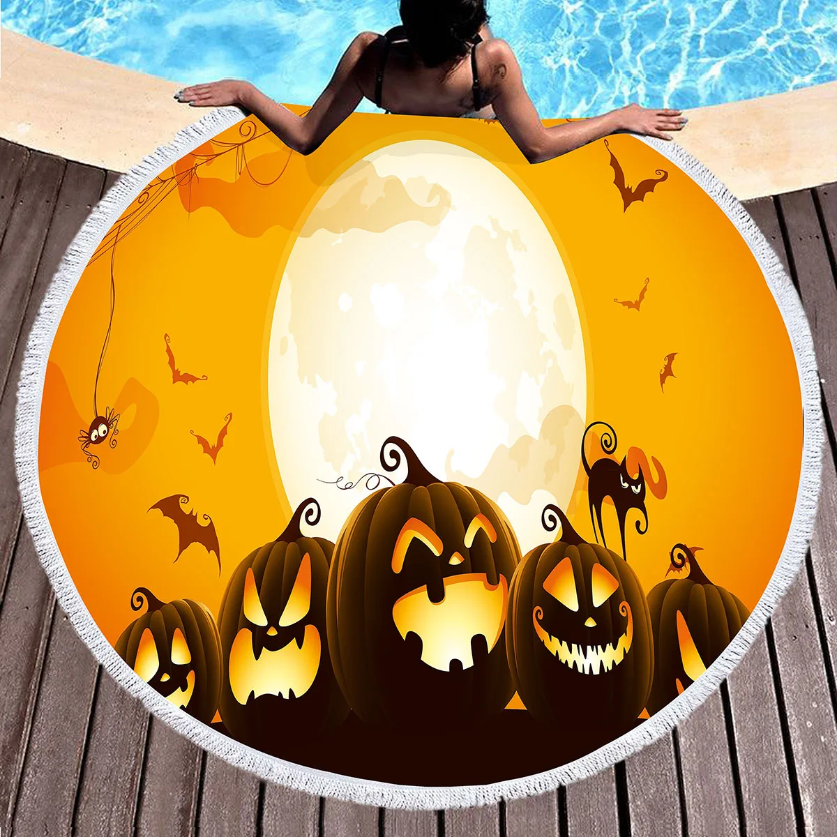 منشفة شاطئ مستديرة للهالوين، مناشف شاطئ على شكل يقطين من الألياف الدقيقة، مناشف حمام سباحة ماصة سريعة الجفاف، بطانية شاطئ خالية من الرمال للسفر #2