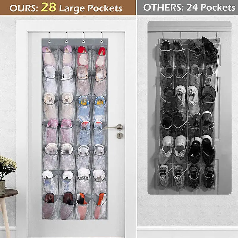 28 Pockets Shoes Organizer Rack Wall Hanging Organizers Space Saver Hanging Over The Door Behind Closet White Storage Free Nail