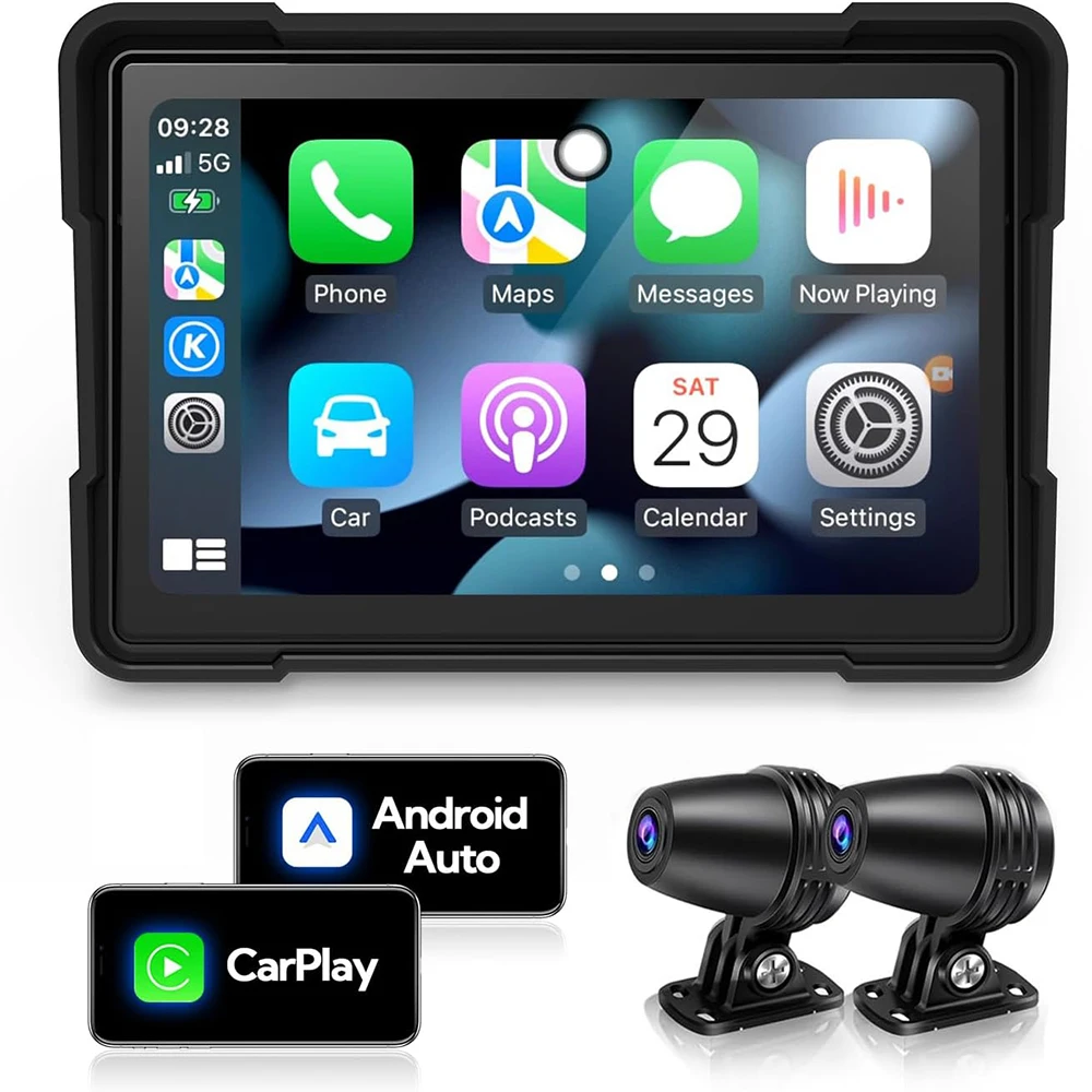 

GEARELEC Motorcycle GPS Wireless Portable Carplay Android Auto Car Stereo 5 inch Navigation Dual 1080P Camera Motorbike Dash Cam