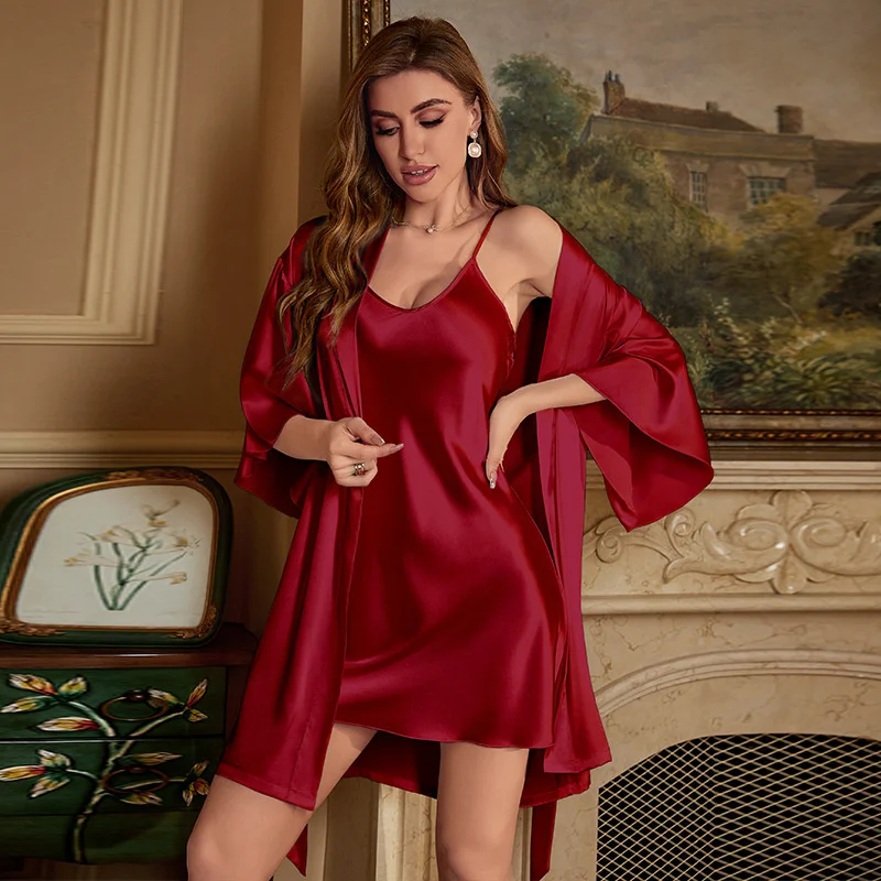 Summer Women\'s Ice Silk Satin Pajamas Silky Robe Suspender Two-piece Set Chemise Thin Nightgown Home Clothes