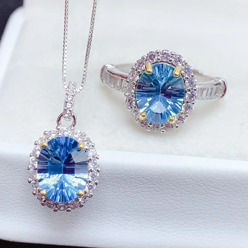 Natural Blue Topaz Set 925 Silver, Dainty Oval Gemstone Ring and Necklace Adjustable Chain, Certificate - Perfect Birthday Gift