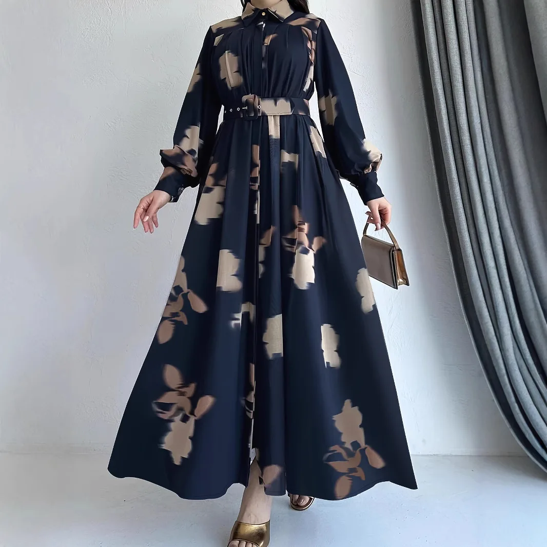 여성을위한 이슬람 abayas 벨트와 턴 다운 칼라 봄 여름 eveing ​​파티 야외 긴 소매 드레스 우아한 사우디 의류