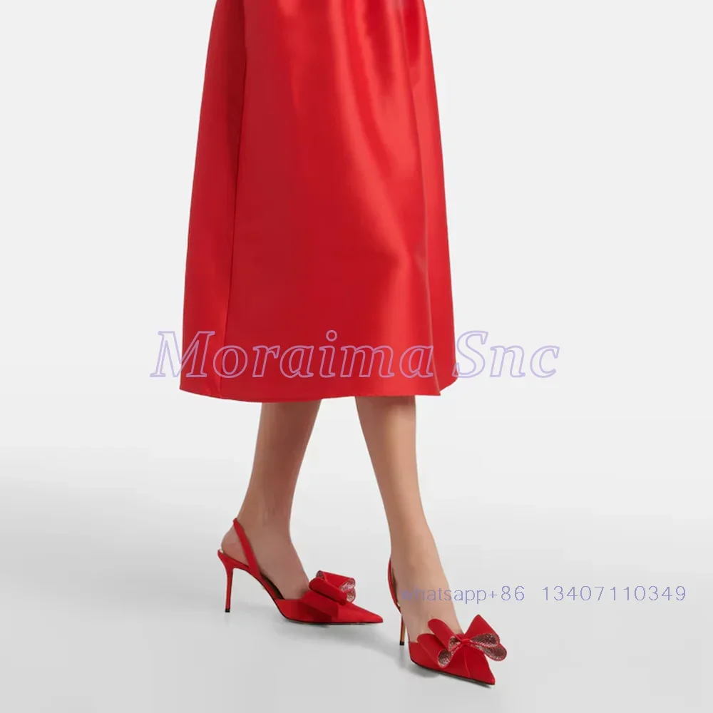 Crystal Bling Bow Detail Satin Pumps Pointed Toe Slingback Stiletto High Heels Women's Dress Shoes Summer Sandals Red Solid 2024