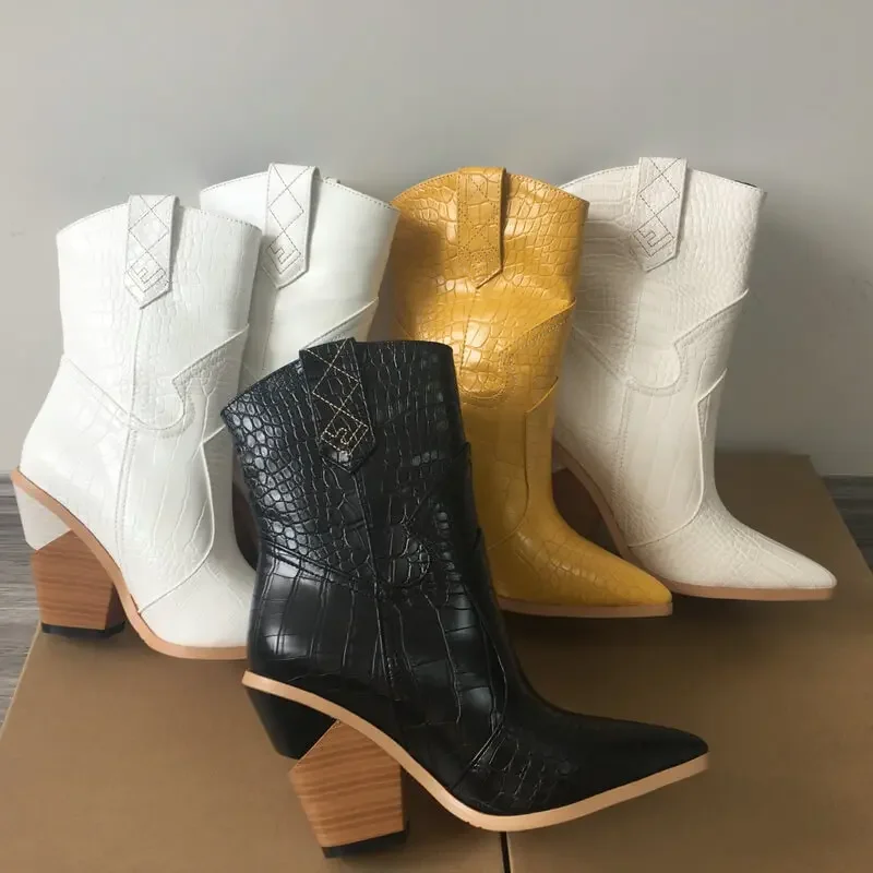 White Beige Black Yellow Faux Leather Cowboy Ankle Boots For Women Wedge High Heel Boots Snake Print Western Cowgirl Boots 2023