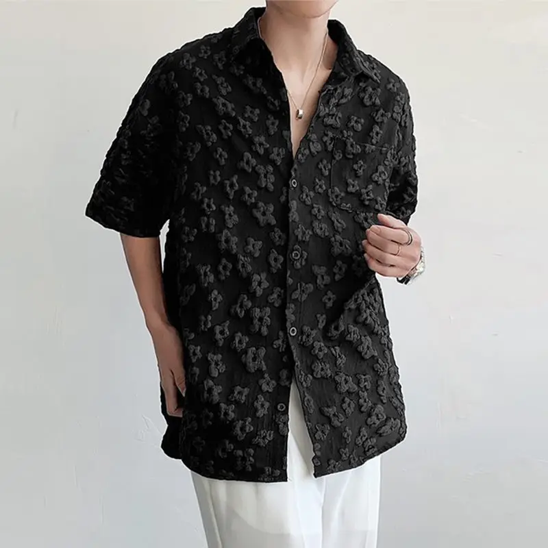 Summer Men\'s Clothing Luxury Jacquard Oversized Shirt Leisure Lapel Solid Color Short Sleeve Button-down Korean Popular Clothes