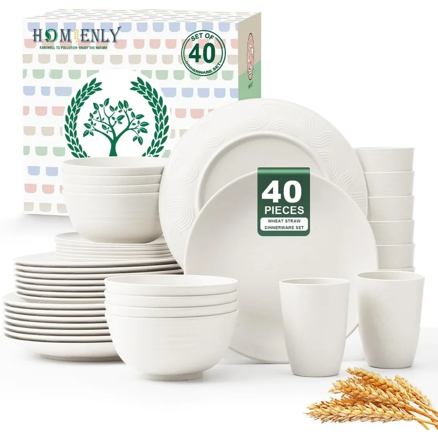 

40Pieces Wheat Straw Dinnerware Set for 8 People Lightweight Round Plates and Bowls Unbreakable Dishes Set with Cups Microwave
