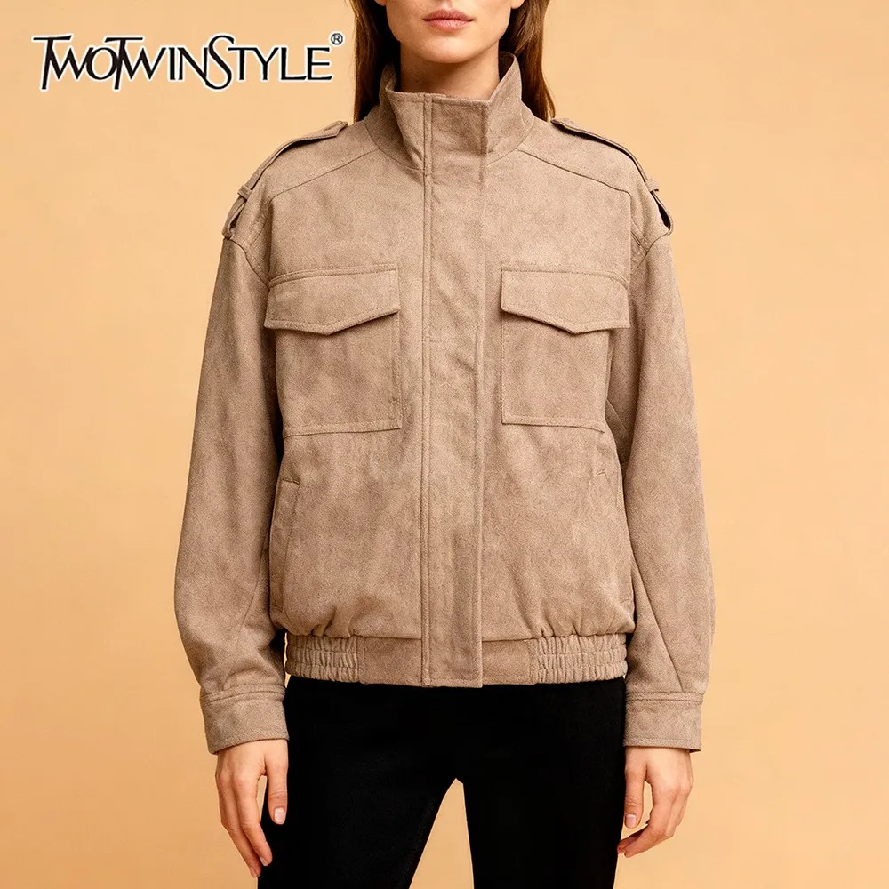 

TWOTWINSTYLE Commut Faux Suede Jacket for Women Stand Collar Padded Shoulders Long Sleeve Spliced Pocket Retro Style Coat Female