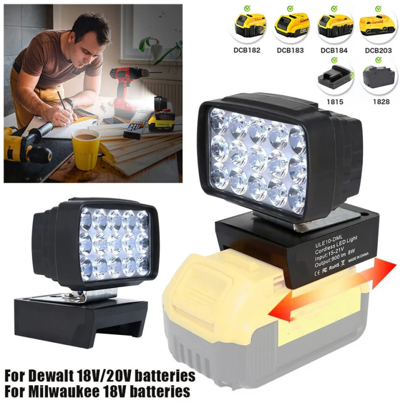 

LED Work Light For Dewalt/Milwaukee 18V 20V Li-ion Battery DCB182 DCB203 Cordless Emergency Flood Lamp Handheld Flashlight