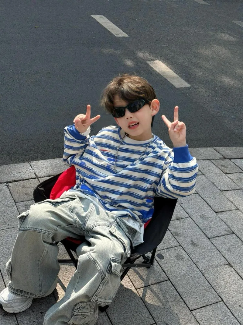 Long-sleeve T-shirt Versatile Striped Loose Tees Clothing for Boys Korean Kids Clothes Elementary School Student Tee Tops Boy