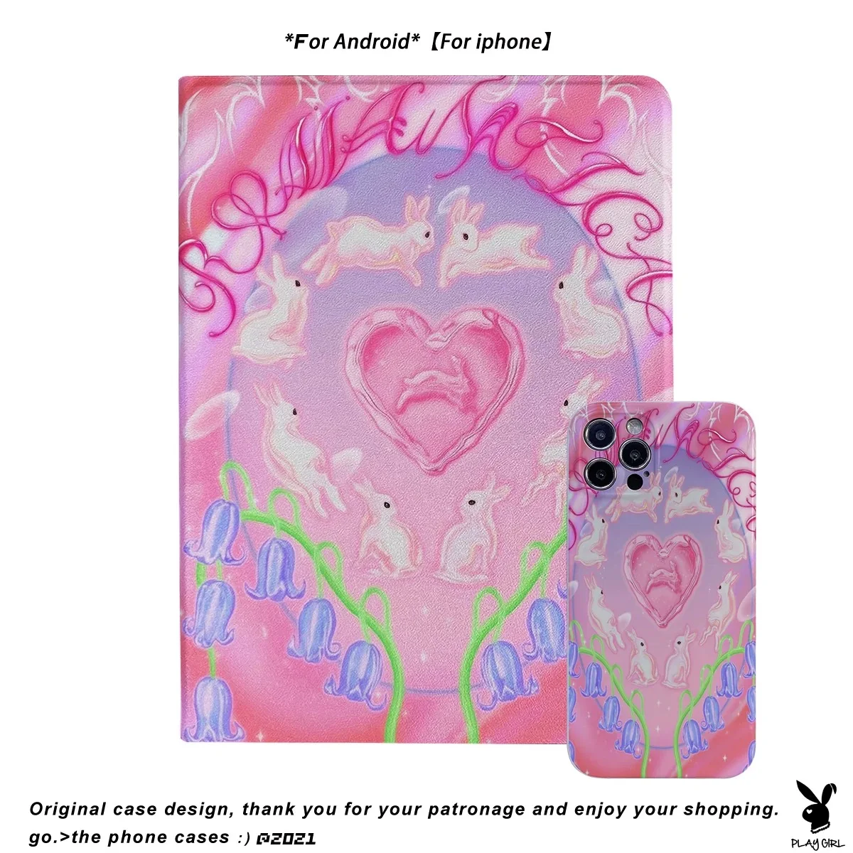 Original art oil painting love rabbit, suitable for iPad, three-fold protective case with pen slot