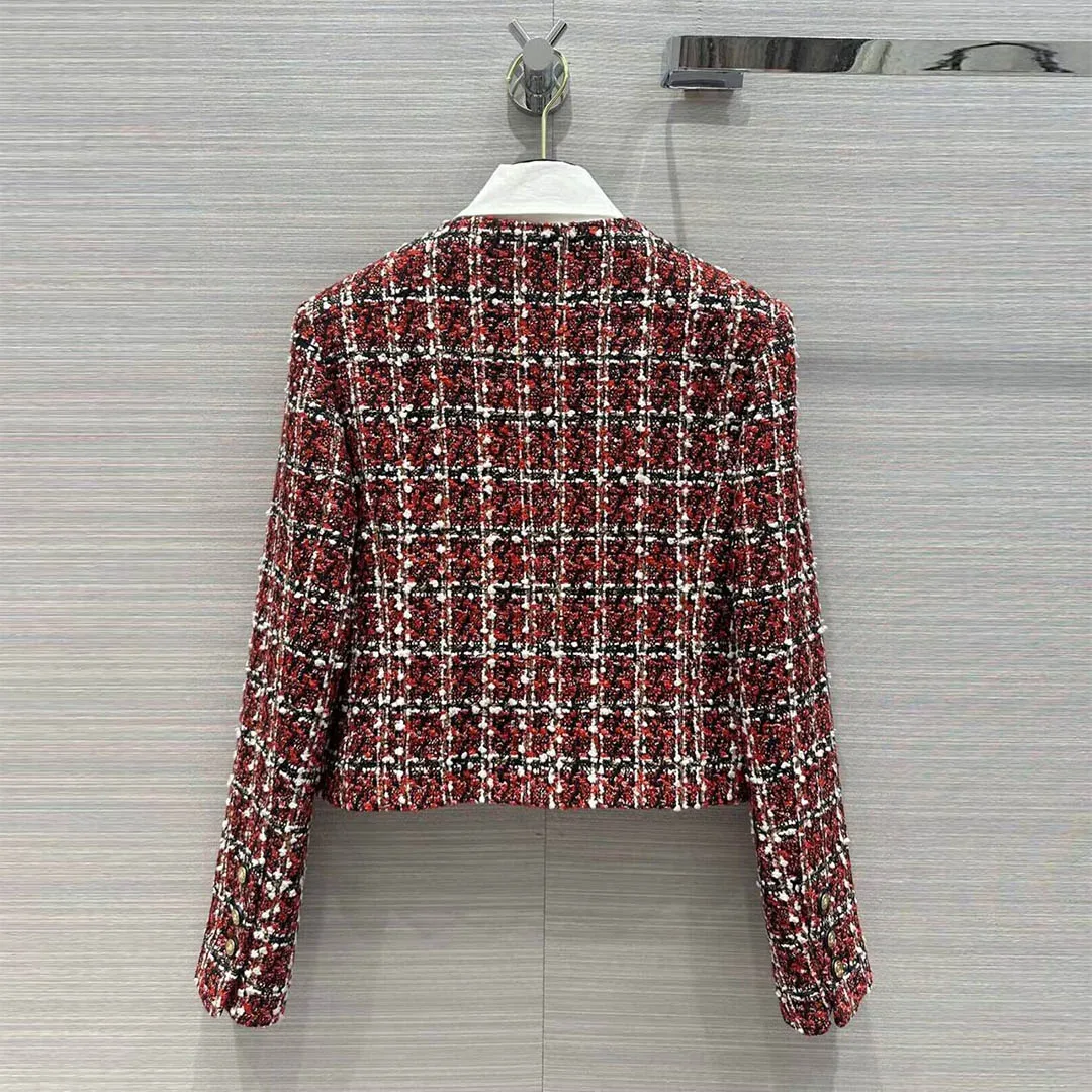 2024 New Fashion Patchwork Turn-down Collar Red Plaid Long Sleeve Vintage Tweed Coat Women Single Breasted Pockets Sweet Jacket