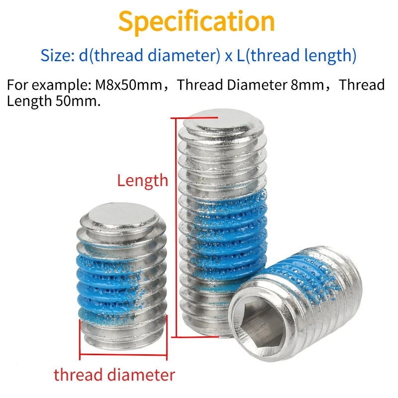 M2.5-M8 DIN913 304 Stainless Steel Allen Hex Hexagon Socket Flat Point Set Screw Headless Bolt Blue Glue Anti Loosening Screw