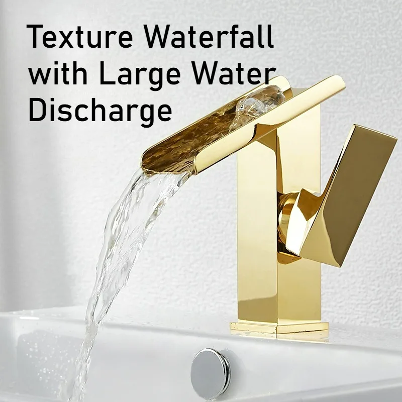 

Золотые медные смесители для раковины с эффектом водопада, настольные, для горячей и холодной воды, для отелей, туалетов и дома