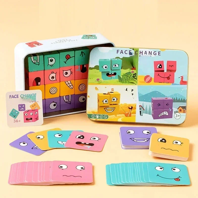 Würfel-Baustein-Brettspiel mit Gesichtserkennung, Holzpuzzle, Montessori-Gesichtsausdruck, Holzbaustein für Kinder