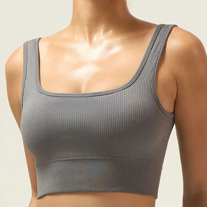 Seamless Ribbed Women Yoga Bra Quick Drying Sports Crop Tops with Breast Pad Solid U Back Gym Top Workout Running Vest