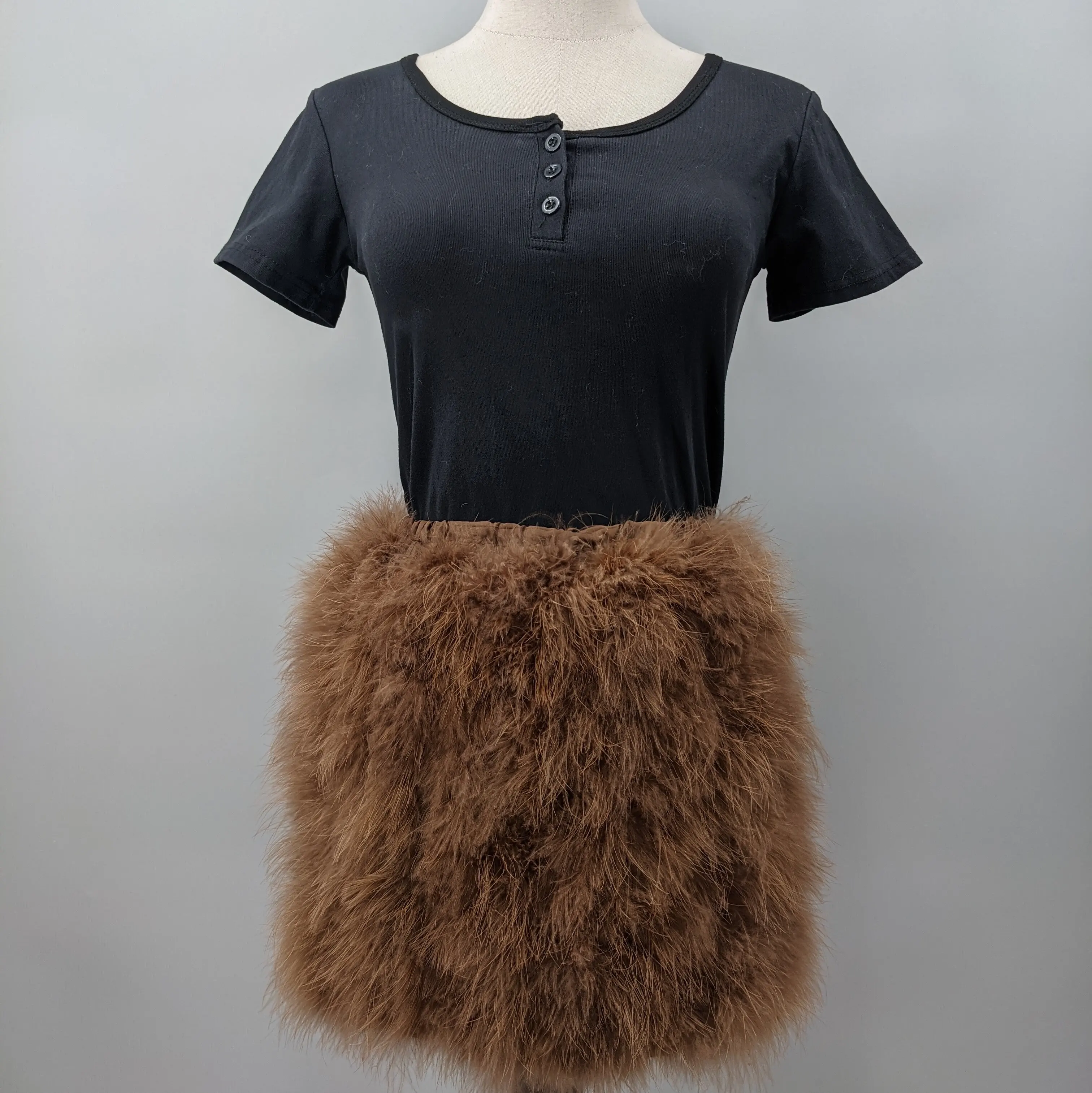 Women Brown Real Feather Mini Skirt Elastic Waist Fluffy Short Skirt Y2K Club Party Festival Outfit 25A0538