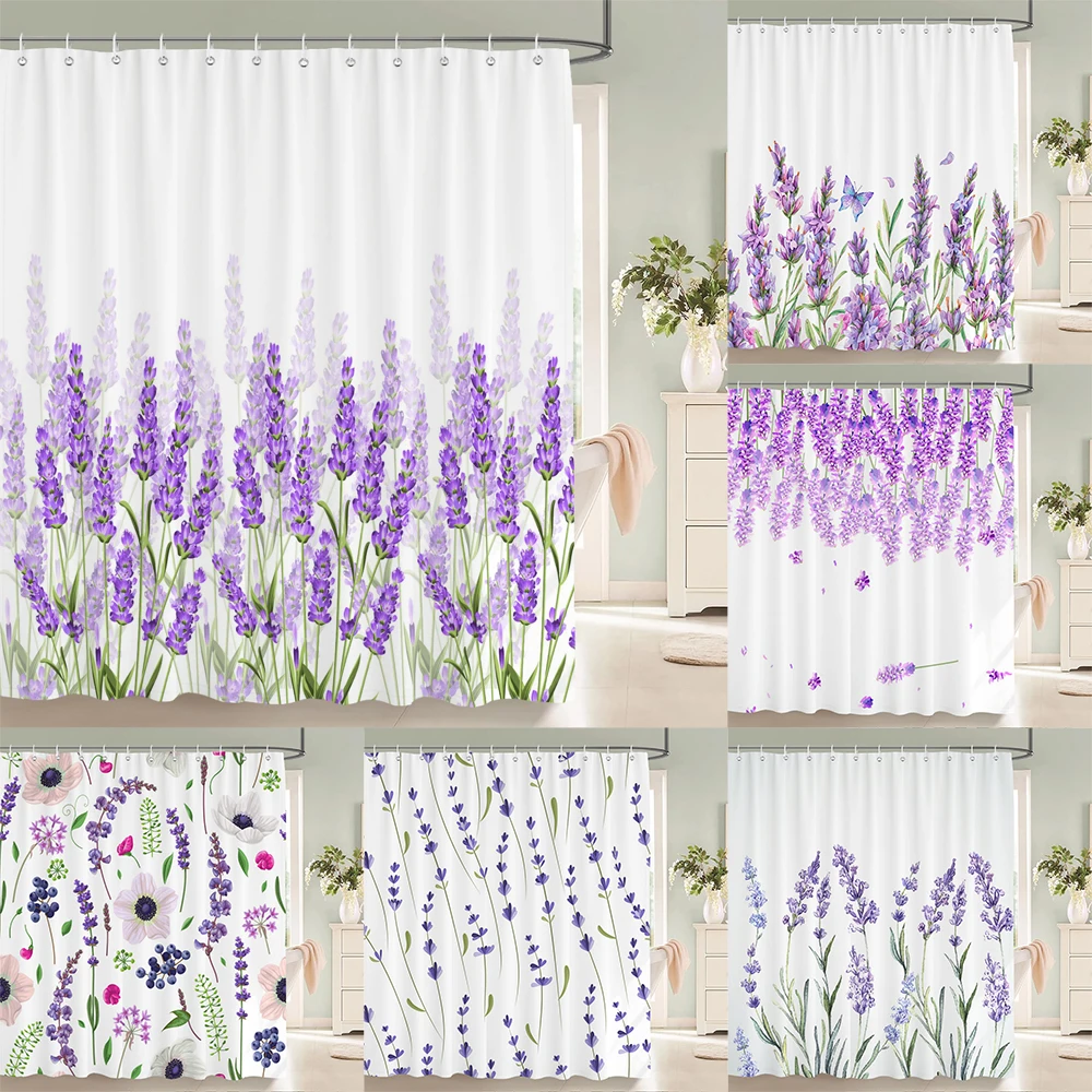 

Lavender Shower Curtains Watercolor Purple Floral Plant Waterproof Polyester Bathroom Bathtub Curtain Room Decor With Hooks