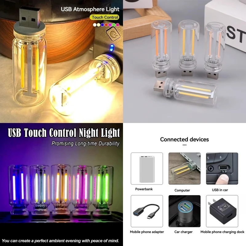 

Car USB LED Night Light Portable Lighting Plug and Play Decorative Atmosphere Light for Car Bedroom Touch Dimmable Filament Lamp