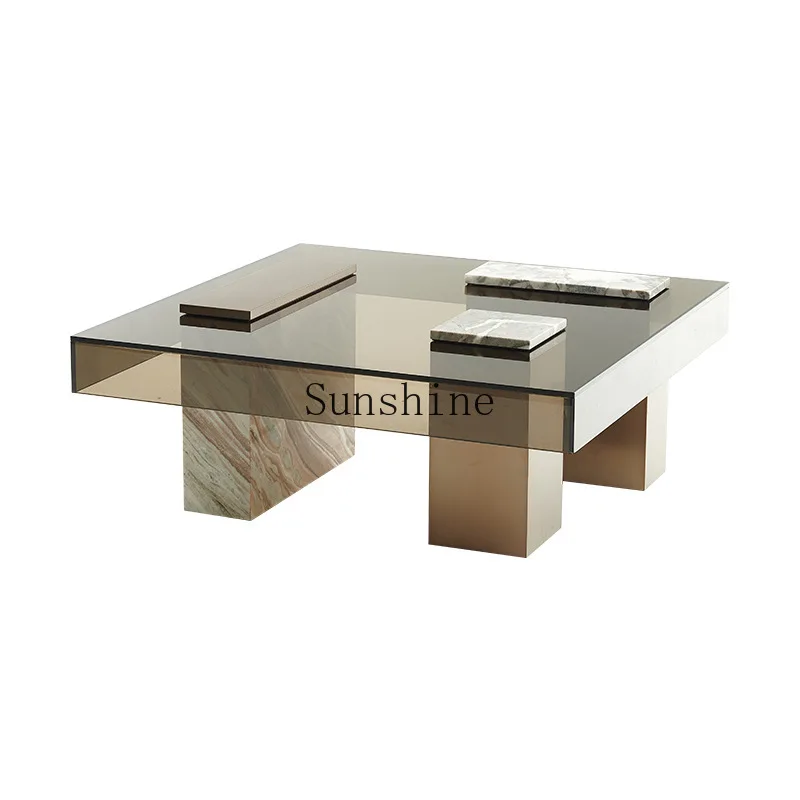 Tempered glass square short coffee table living room stainless steel tea table