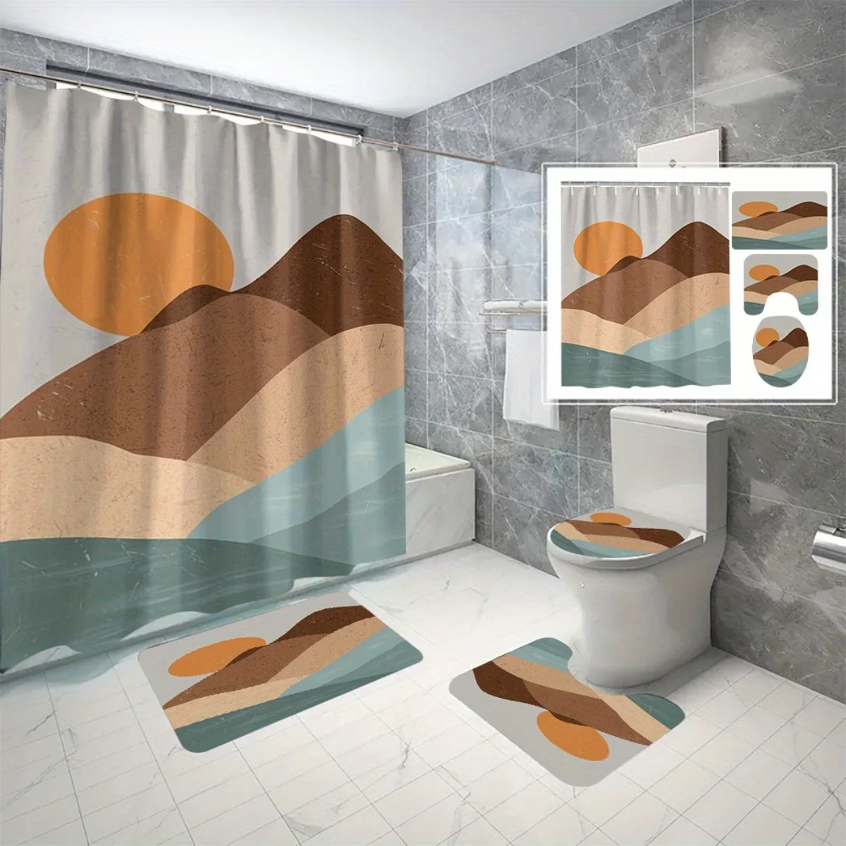 

4pc Abstract Landscape and Sun Home Decor Shower Curtain Set Polyester Printed Shower Curtain No Drilling Partition Bathroom